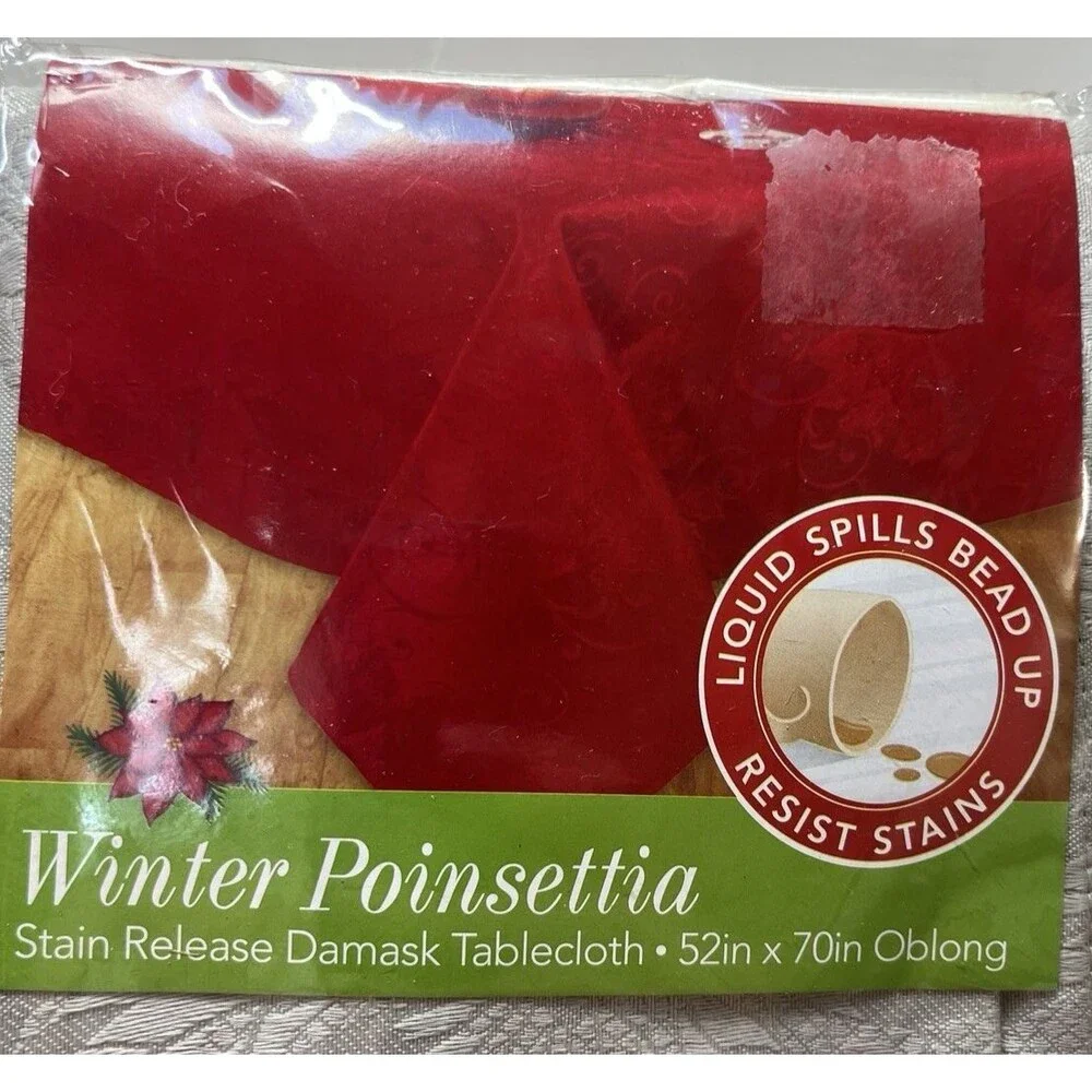 Winter Poinsettia Stain Release Damask Tablecloth Oblong 52in x 70in Holiday